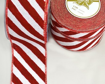 Diagonal Striped Red & White Lollipop Wired Christmas Ribbon by the Yard, Shiny Decoration Material, 3 Widths (2.3 cm, 4.3 cm, 6.7 cm)
