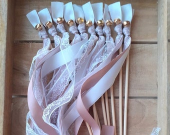 20 Wedding Wands, Party Streamers, Gold Bells, Satin Ribbons in White and Dark Pink with White Lace, Romantic Wedding Send Off for Guests