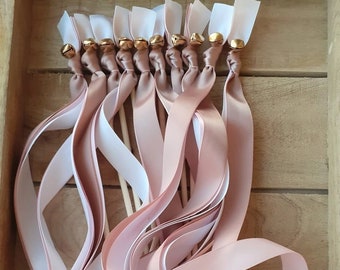 20 Wedding Wands, Party Streamers, Gold Bells, Satin Ribbons in Pink and Blush Dark Pink and White, Romantic Wedding Send Off for Guests