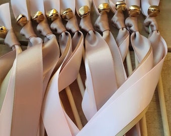 100 Wedding Wands, Party Streamers, Gold Bells, Satin Ribbons in Pink, Dark Pink and Beige, Romantic Wedding Send Off for Guests