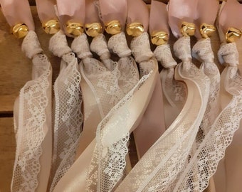 20 Wedding Wands, Party Streamers, Gold Bells, Satin Ribbons in Dark Pink and Beige with Off-White/Ivory Lace, Romantic Wedding Send Off