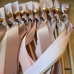 100 Wedding Wands: Pink, Beige Satin Ribbons & Gold Bells