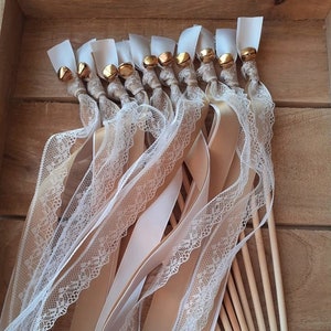 20 Wedding Wands, Party Streamers, Gold Bells, Satin Ribbons in White and Gold with White Lace, Romantic Wedding Send Off for Guests