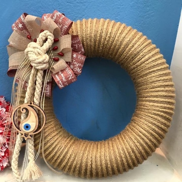 Front Door Wreath Year Round with Beige Cord Christmas Red Wishes Ribbon Natural Beige Twist Rope and Wooden Big Greek Evil Eye Blue