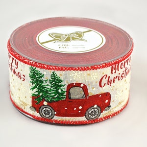 Nastro natalizio cablato, pini innevati su camion rosso, 5,5 cm (2,16 pollici), artigianato e forniture