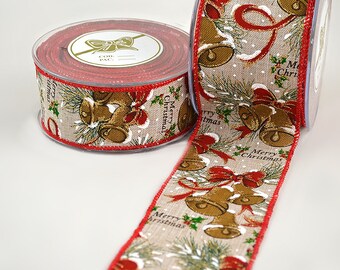 May include: A roll of red and beige Christmas ribbon with a repeating pattern of gold bells, pine branches, red bows, and the text "Merry Christmas".