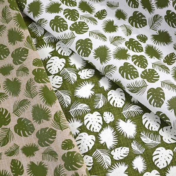 Monstera Olive Green Leaf White Tropical Cotton Fabric By the Yard  (2meters/2.18 yards) Botanical Theme Material for Creations