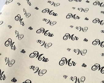 Lonete Fabric with Mr & Mrs in Black Letters Printed on it, Quality Material for Sewing DIY Projects, Wedding Bomboniere and Decoration