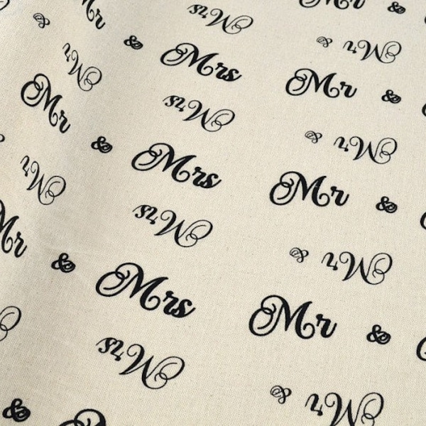Lonete Fabric with Mr & Mrs in Black Letters Printed on it, Quality Material for Sewing DIY Projects, Wedding Bomboniere and Decoration