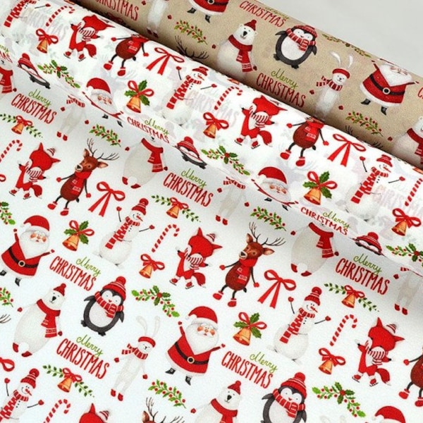 Clearance Sale Happy Christmas Cotton Fabric, Santa Claus Animal Motif (1 Meter / 1.09 Yards)