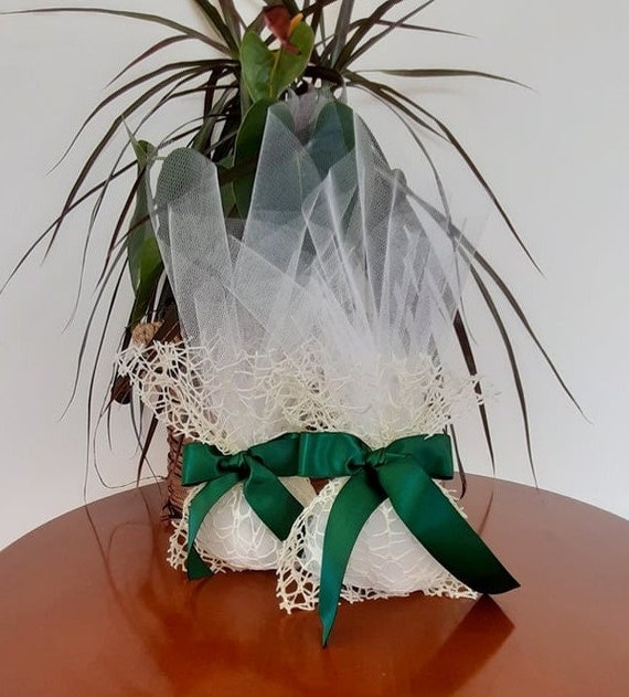 Tulle Net Wedding Favor With Ivory Net Pouch and Forest Green Satin Ribbon,  Koufeta Greek Orthodox Wedding Bomboniere, Guest Gift 