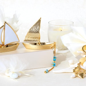 Unique Elegant Sea Wedding Favors with Gold Plated Elements, Christening Guest Gift, Sailboat & Shell Baptism Favors