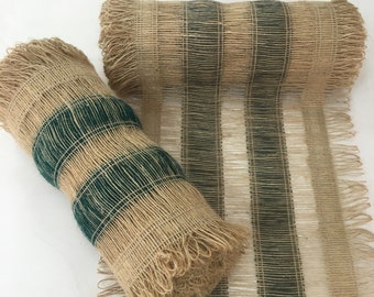 Burlap Runner by the Yard Natural Beige Forest Green Striped Runner Farmhouse Summer Wedding Table Decor Rustic