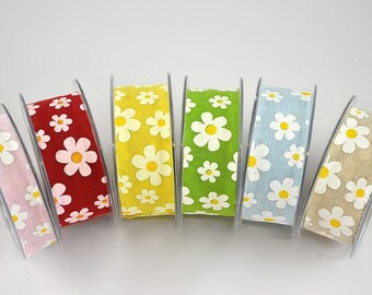 Springtime Medow Nostalgic Design with White Daisies, Printed Polyester Ribbon for Wrapping up Gifts, Easter Candle Decoration, DIY Crafts