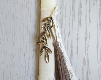 Handmade Greek Easter Candle with Large Olive Tree Branch and Tassel, Lambada, Πασχαλινή Λαμπάδα, Greek Orthodox Pasha Traditional Candle