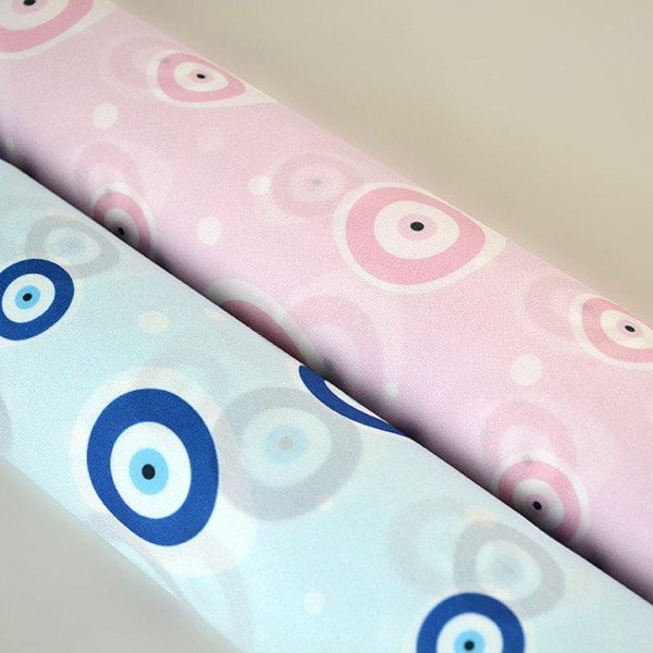 Greek Evil Eye Light Blue or Pastel Pink Light Cotton Fabric, Traditional Design for Good Energy, Sewing Projects, Kids Room