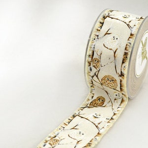 Wired Christmas Ribbon, White Big Snowy Owl & Small Brown Owl on Tree Branch Trim, Bows and Gifts