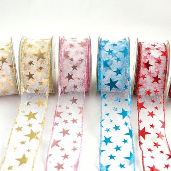 Clearance Sale Tulle Wired Ribbon with Small and Big Stars, Christmas Sparkle Celestial Trim in Red, Gold, Light Blue and Pink, DIY Supply