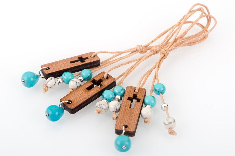 10 pcs Extra Long Gold Necklace Thin String Pendant with Small Flat Wooden Tab Cross White Turquoise Blue Beads Baptism Favors for Boy