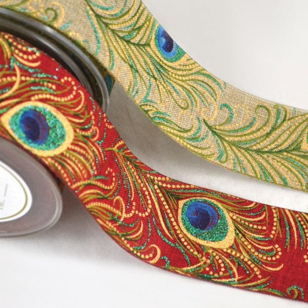 Wide Peacock Feather Ribbon, 3 Widths (2.3cm/4.3cm) Thick Polyester Ribbon for Christmas Wrapping with Dark Red Gold Electric Blue Green