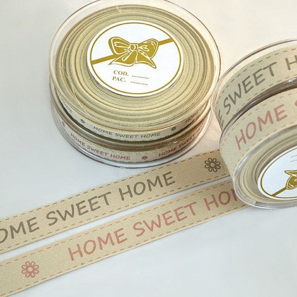 Home Sweet Home Cotton Printed Ribbon Small Flowers Beige Natural Ribbon with Gray or Light Pink Letters Slim Ribbon