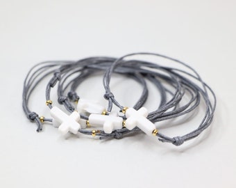 10 pcs Martyrika Witness Bracelets with White Cross and Gray Waxed Cord, Baptism Favors for First Communion Christening, Guest Keepsake