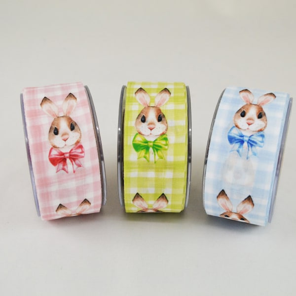 Cute Rabbits With Big Bow on Checkered Trim Background Printed on Ribbon, Spring Easter Baskets & Candle Bows, Wrapping up Gifts