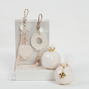 Ceramic Pomegranate Wedding Favor, Unique Wall Hanging Charm with Beige Rope and Round Greek Wishes, Flat Hanging or Large Table Pomegrante
