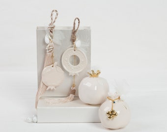 Ceramic Pomegranate Wedding Favor, Unique Wall Hanging Charm with Beige Rope and Round Greek Wishes, Flat Hanging or Large Table Pomegrante