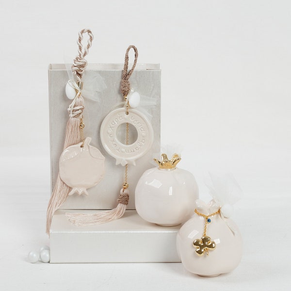 Ceramic Pomegranate Wedding Favor, Unique Wall Hanging Charm with Beige Rope and Round Greek Wishes, Flat Hanging or Large Table Pomegrante
