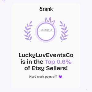 May include: A light purple graphic with the text "Erank" at the top. The image features a circular logo with the text "LUCKY LUV EVENTS WORKSHOP" inside. Below the logo, the text reads "LuckyLuvEventsCo is in the Top 0.6% of Etsy Sellers!"