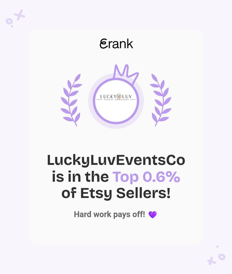 May include: A light purple graphic with the text "Erank" at the top. The image features a circular logo with the text "LUCKY LUV EVENTS WORKSHOP" inside. Below the logo, the text reads "LuckyLuvEventsCo is in the Top 0.6% of Etsy Sellers!"