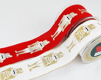 Wired Christmas Ribbon with Glittery Gold Nutcrackers, Red & White, Seasonal Decoration Supply for DIY Crafts and Wreaths