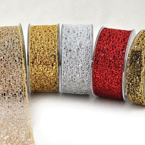 Metallic Polypropylene Ribbon in 3 Colours Gold Silver Red Christmas Floral 