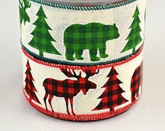 Wired Christmas Ribbon, Red-Black and Green-DarkGreen Chess Moose, Bear and Xmas Tree in a row, Seasonal Supply