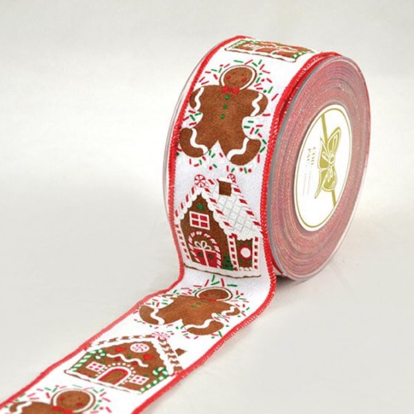 Vente de liquidation (1 mètre-1,09 yards) Ruban de Noël Bonhomme en pain d'épice et maison 1 largeur (5,5 cm) en décoration de couronne de porte d'entrée blanc marron rouge