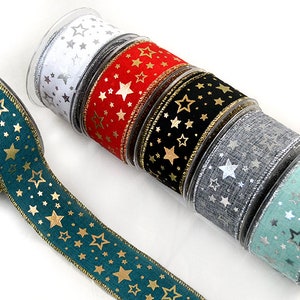 Bedraad kerstlint met glanzende goud- of zilvergedrukte sterren, decoratie voor de feestdagen, doe-het-zelfbenodigdheden voor kransen en strikken