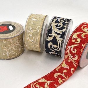 Wired Christmas Ribbon in Red, Beige and Blue, Shiny Trim with Strass Garland Branches, Xmas Decoration and Crafts Supply for Wreaths & Bows