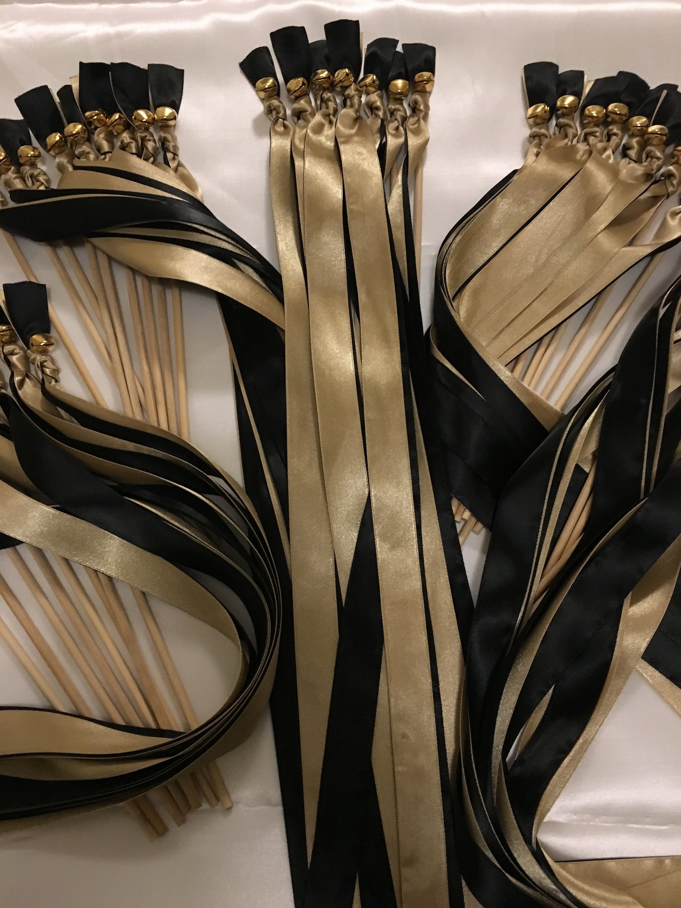 100 Wedding Wands, Party Streamers, Gold Bells, Satin Ribbons in Black and Gold, Glamorous Wedding Send Off for Guests, Farewell Streamers