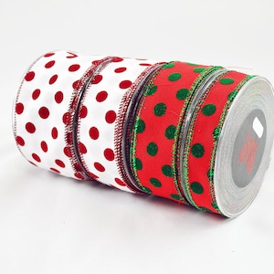 Wired Velvet Christmas Ribbon with Shiny Glitter Polka Dots in White & Red, Festive Trim, 3 Widths, Holiday Seasonal Supply for Decorations