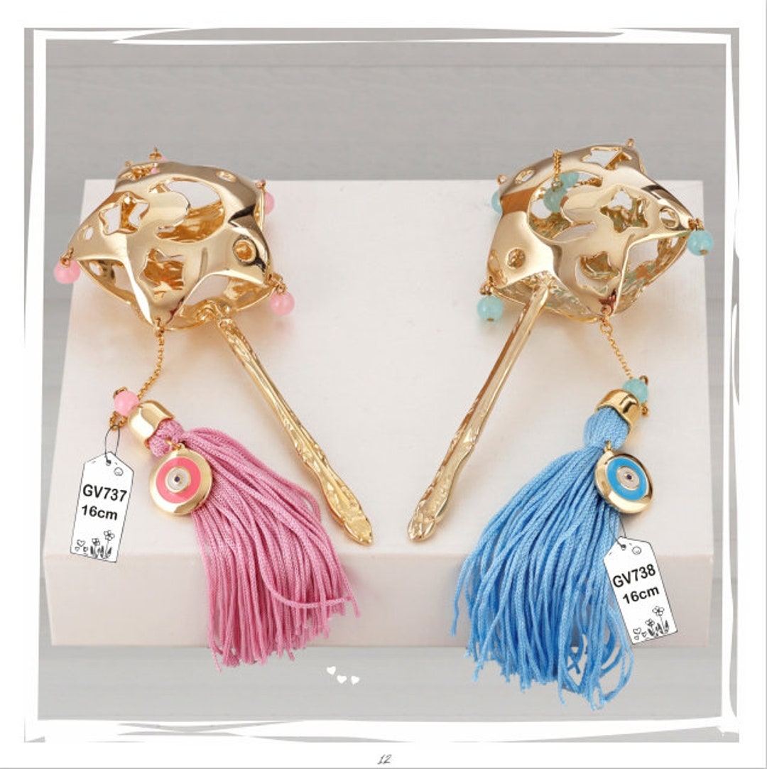 Baby Rattle Charm: 24k Gold, Evil Eye Tassel, Glass Beads - Etsy