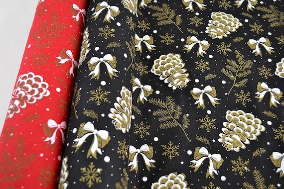 Clearance Sale Poly Cotton Fabric by the Yard Pine Cone Christmas Mood in  Black and Red 1 Meter / 1.09 Yards 50cm/19.68inches 