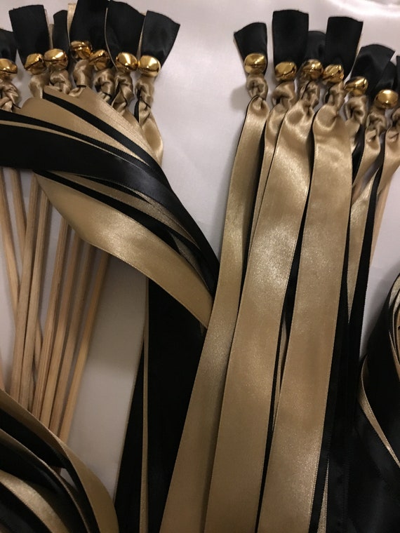 100 Wedding Wands, Party Streamers, Gold Bells, Satin Ribbons in Black and  Gold, Glamorous Wedding Send off for Guests, Farewell Streamers 