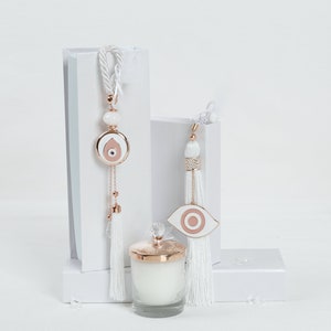 Unique Evil Eye Wedding & Baptism Favors with Large Tassels, Pink Gold Plated Luxury Keepsakes for Guests, Dark Pink and White Party Gifts