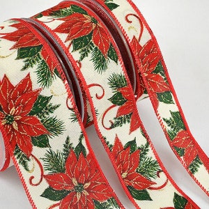 Große rote Poinsettia-Blume verdrahtetes Weihnachtsband mit Waldgrün und Glitzer-Details, Feiertags-Weihnachtsmaterial für Dekorationen