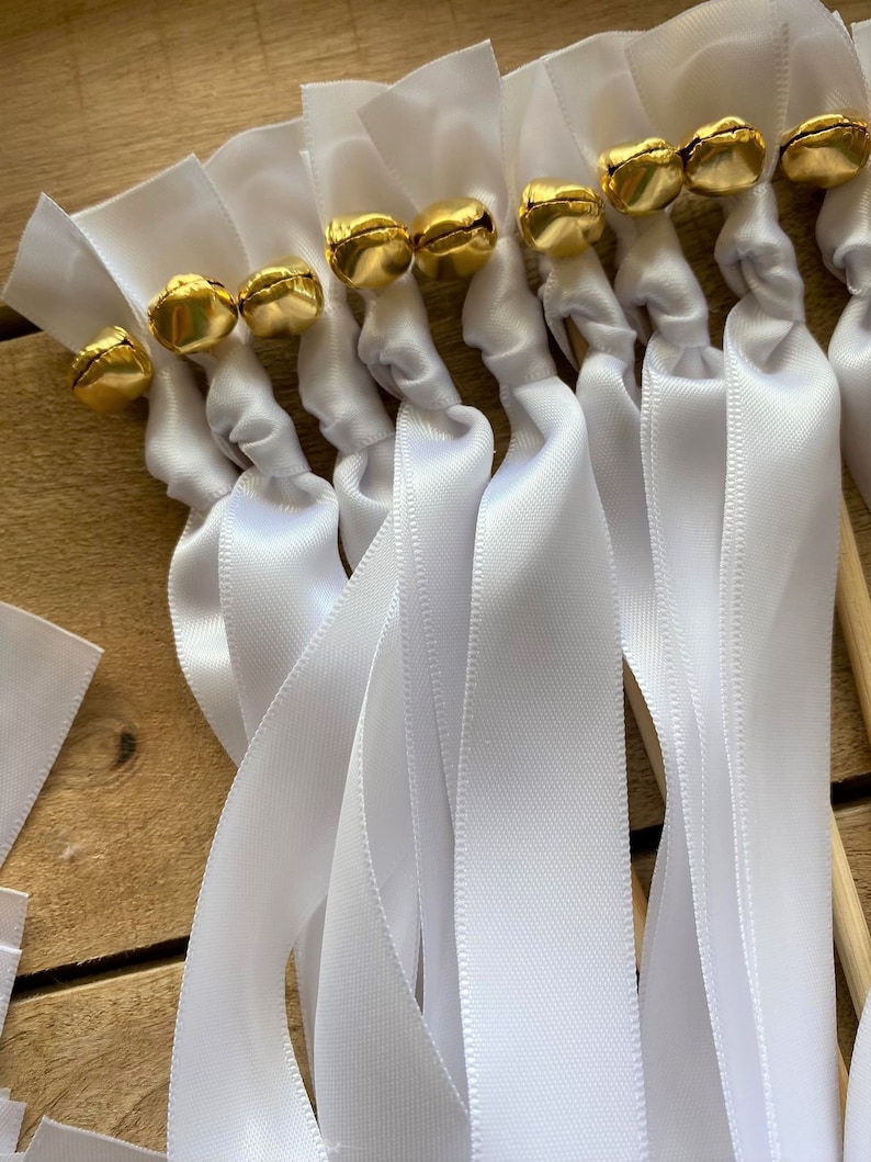 100 Wedding Wands: White Satin Ribbons With Gold Bells - Etsy