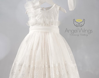 Abito da battesimo per bambina in pizzo color avorio, gonna in tulle a balze, abito da principessa da favola, nastro per capelli, Prima Comunione, Battesimo.