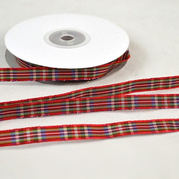 Schlankes Tartan-Karo-Weihnachtsband, dünne karierte Borte in Rot, Blau und Grün, einzigartiges Band für Bögen und Dekorationen, saisonale Kränze