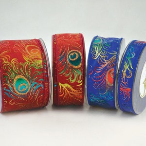 Wired Christmas Ribbon, Holiday Trim in  Electric Blue or Red with Peacock Feathers and Glitter Detail, DIY Suppply for Wreaths & Bows
