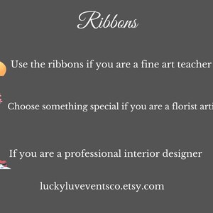 May include: Image with the word "Ribbons" in a decorative font. Text below suggests using ribbons for fine art teachers, florists, and interior designers. The Etsy shop name "luckyluveventsco.etsy.com" is also displayed.